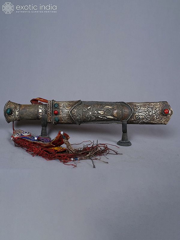 15" Tibetan Ceremonial Dagger With Handmade Handle In Bone And White Metal