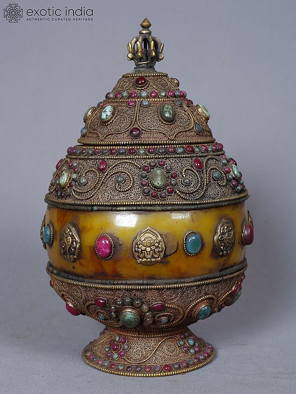 11" Tibetan Filigree Tea Pot With Attractive Inlay And Carving Work In Amber Copper Silver