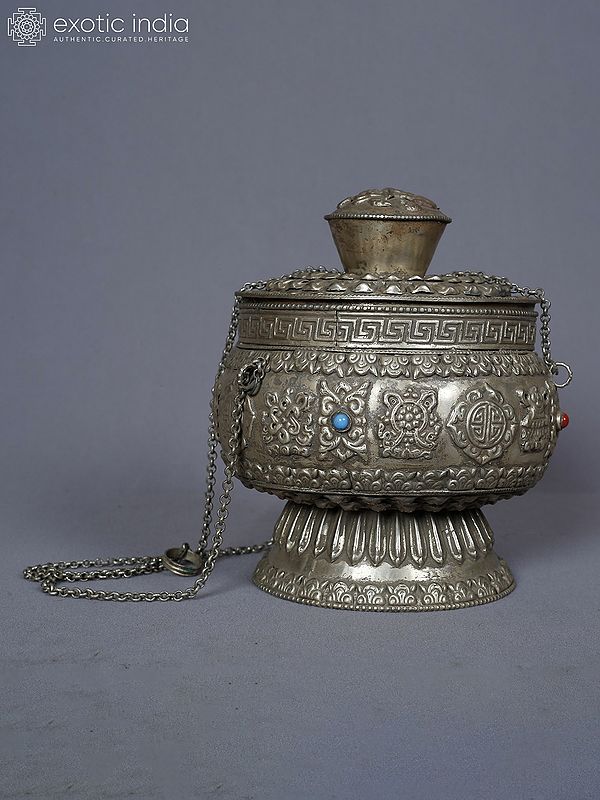 6" Tibetan Incense Burner For Home In White Metal | Buddhist Ritual Item