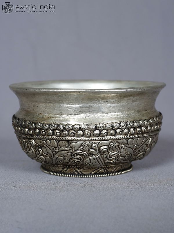 4" White Metal Tibetan Bowl With Floral Carving | Handmade | Kitchen Item