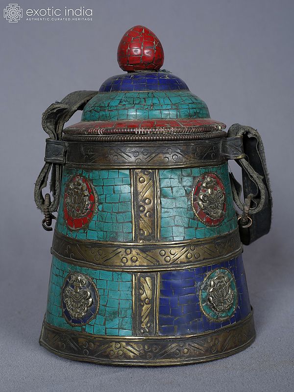 8" Ashtamangala Pot In White Metal With Turquoise Coral Stone And Lapis From Nepal