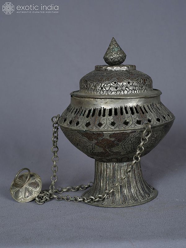 8" Copper Silver Plated Hanging Incense Burner With Chain | Buddhist Ritual Item