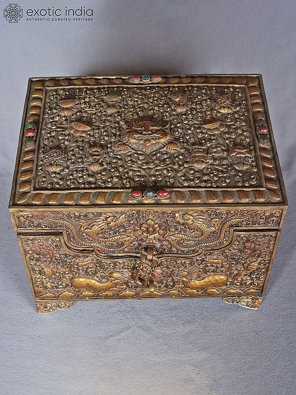 12" Tibetan Buddhist Jewelry Box With Dragon Carving In Copper Silver Plated