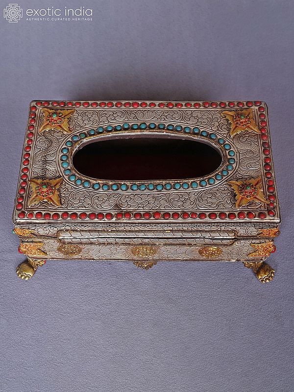 5" Wood And White Metal Decorated Tissue Box With Inlay Work From Nepal | Handmade