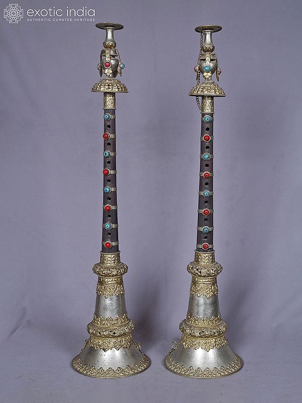 25" Pair Of White Metal Tibetan Music Instruments From Nepal Hand Carved