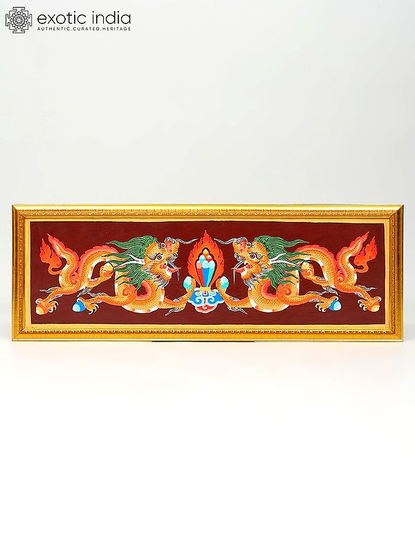 34" Framed Dragons Wall Hanging Panel from Ladakh | Home Decor