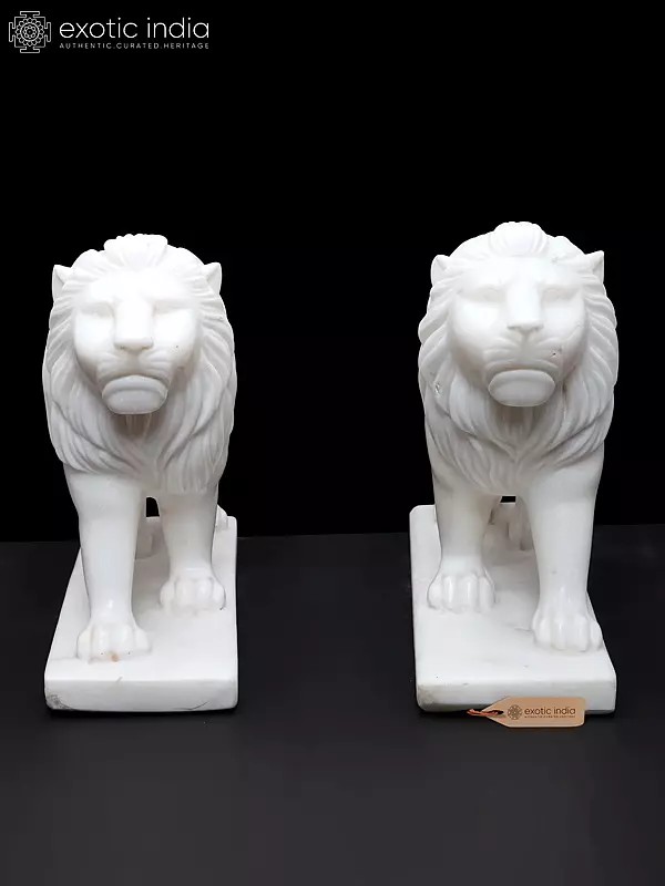 12" Handcrafted White Marble Lion Pair | Handmade Royal Guardian Statues for Home