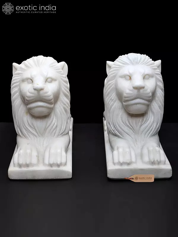 15" Hand-Carved White Marble Lion Pair | Royal Guardian Sculptures