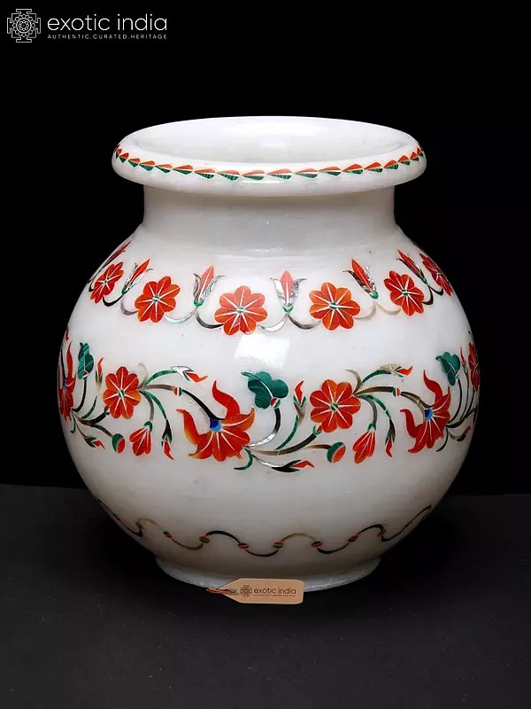 5" Handcrafted White Marble Pot with Carnelian and Malachite Inlay