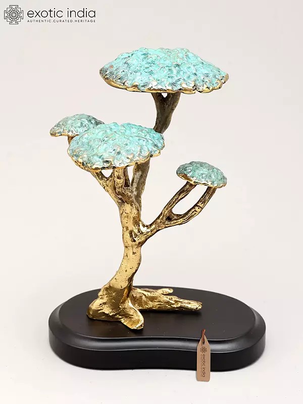 7" Handcrafted Brass Bonsai Tree Sculpture on Wood Base | Tabletop Home Decor