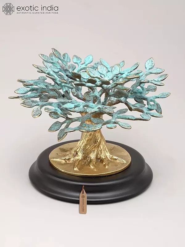 7" Decorative Brass Tree of Life on Wood Base | Table Decor