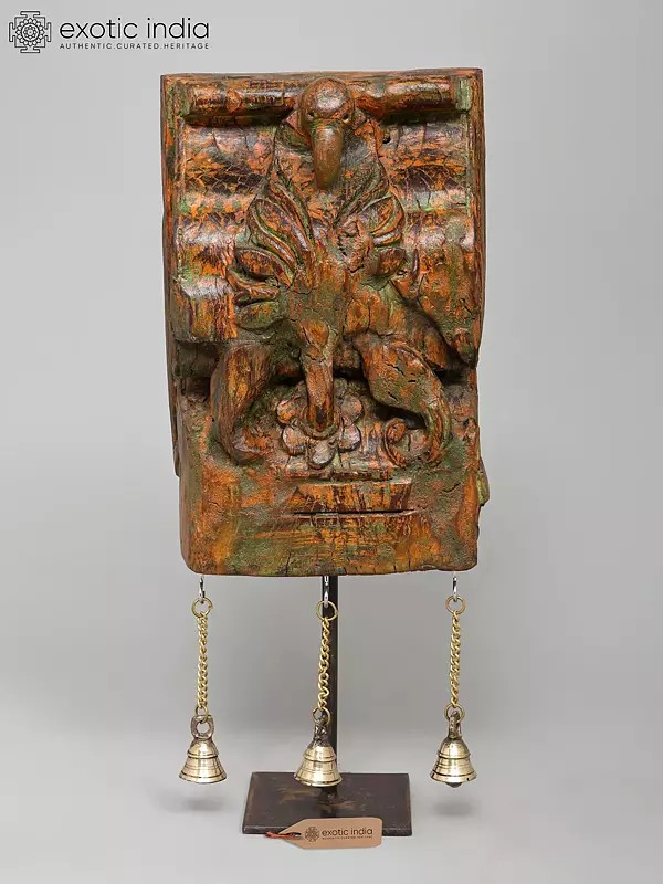 18" Wood Carved Designer Showpiece on Iron Stand with Brass Bells | Table Decor