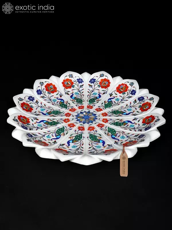 18" Handcrafted White Marble Peacock Inlay Decorative Urli