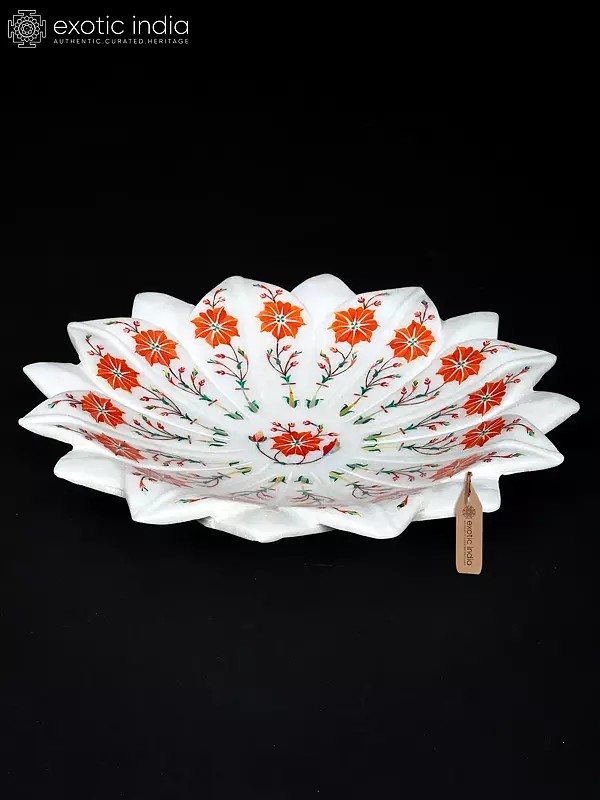 12" Flower Design White Marble Urli with Inlay Work | Home Decor