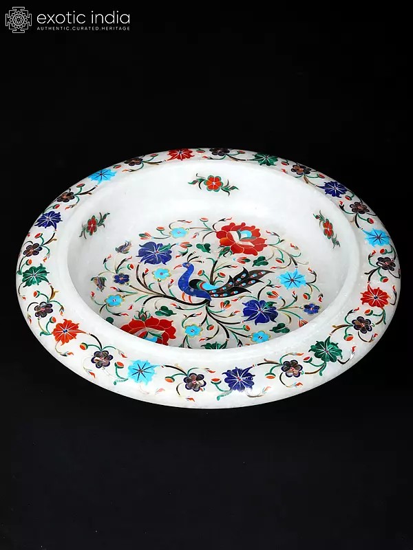 10" Peacock Design Decorative Urli with Inlay Work