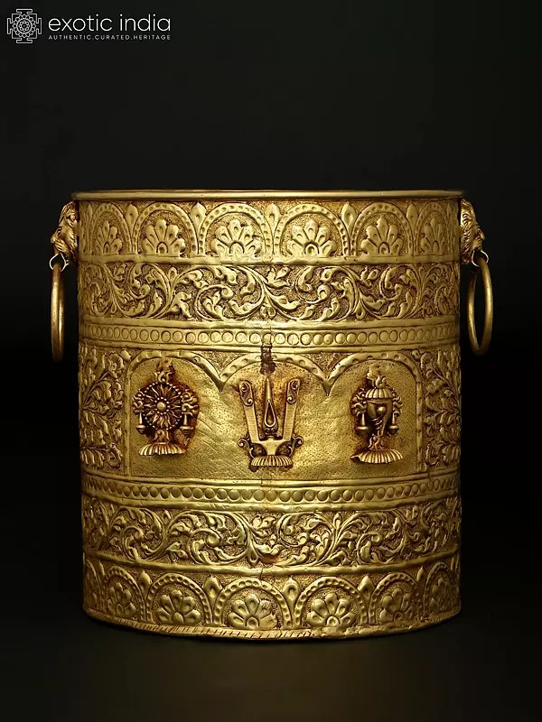 Ornate Brass Planter with Vaishnav Motifs - Shankh, Chakra, and Tilak