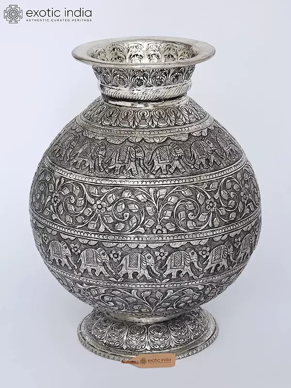 15" Silver Decorative Pot with Elephant and Floral Embossing