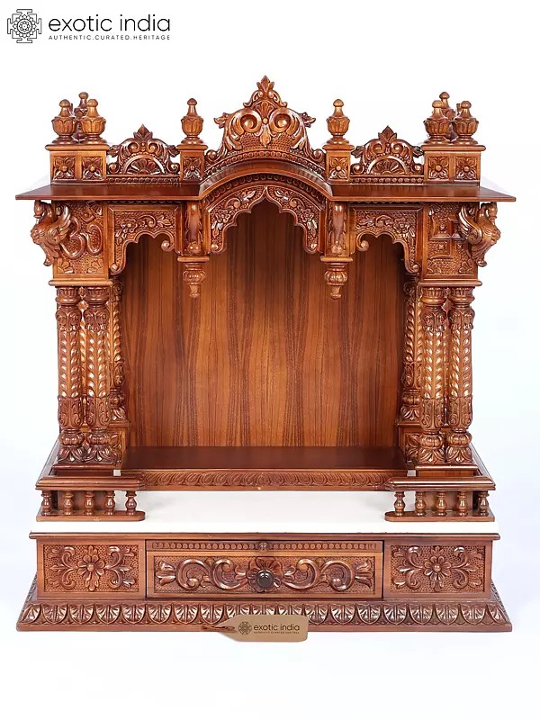 Large Carved Wooden Home Temple: 36" Puja Unit with Storage Drawer