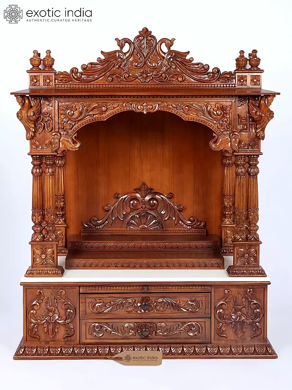 Designer Wooden Puja Mandir, 45 Inches Tall, Dual Storage