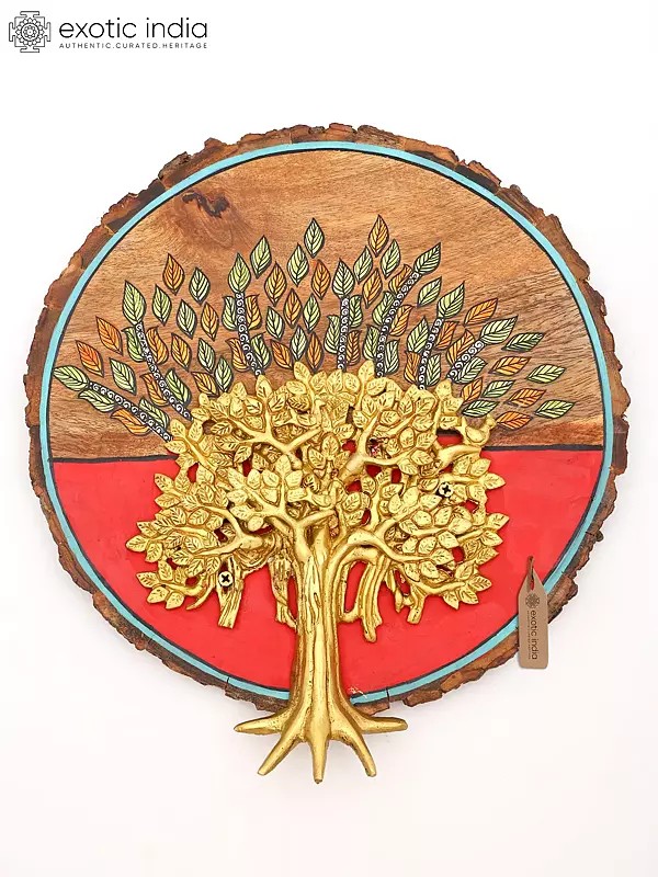13" Wood Framed Tree of Life Wall Art with Brass Accent