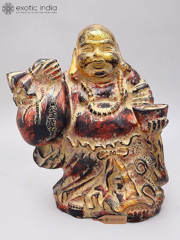 10" Laughing Buddha with Wealth Bag & Gold Bowl l Feng Shui Wealth Idol