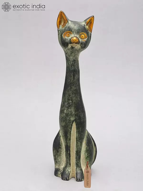 Brass Cat Figurine for Tabletop Display | 11" Height