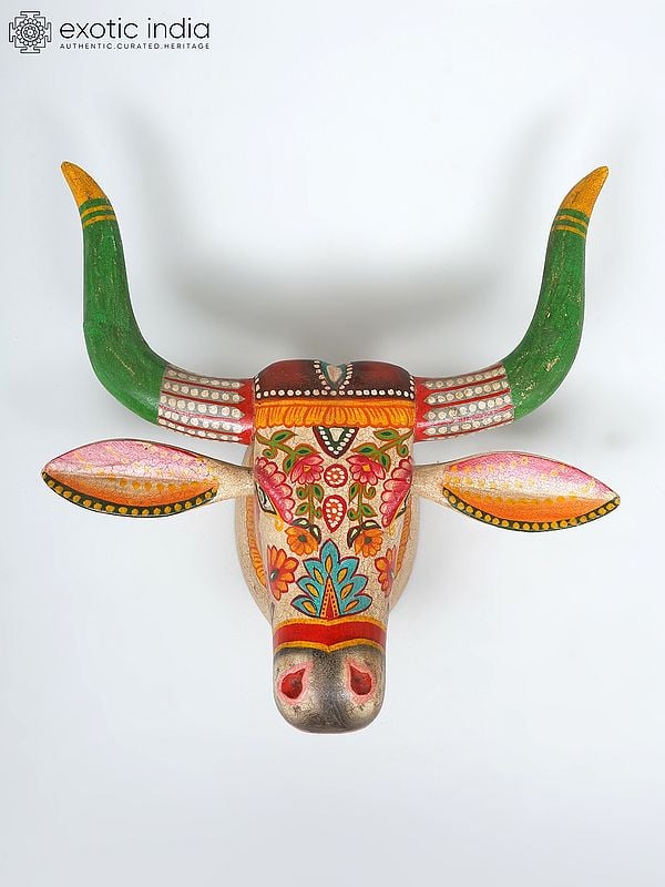 21" Hand-Painted Wall Hanging Cow Head | Wood Carving