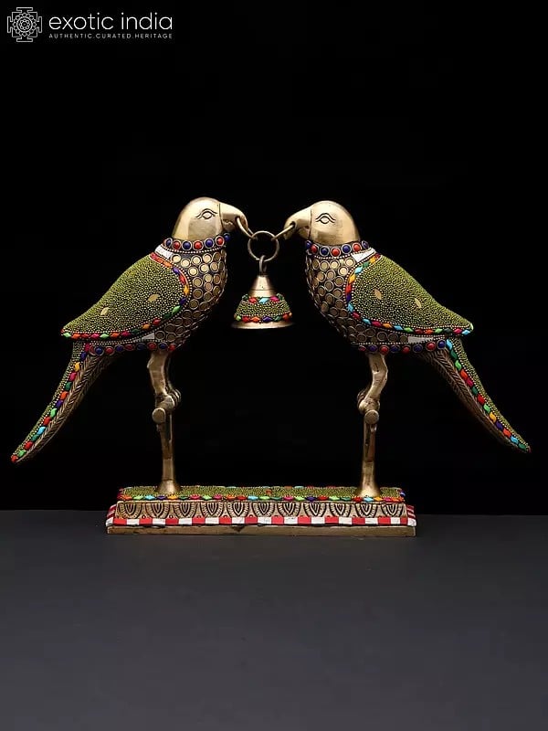 14" Decorative Pair of Parrots with Bell | Brass Statue with Inlay Work