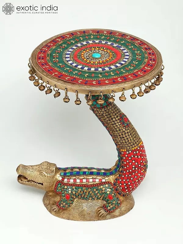 19" Crocodile Design Round Table with Dangling Ghungroos | Brass with Inlay Work