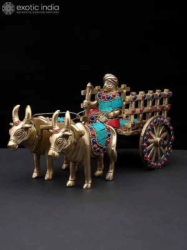 9" Brass Bullock Cart with Inlay Work | Decorative Showpiece