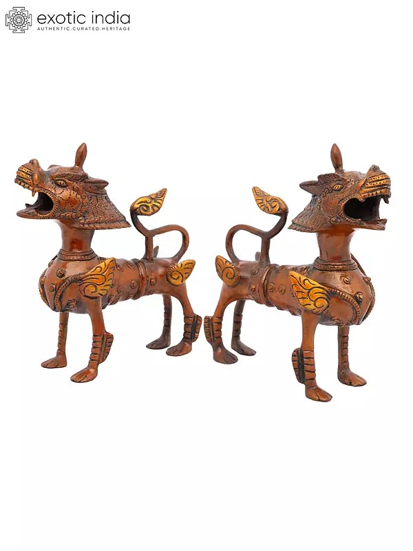 8" Pair of Brass Temple Lions