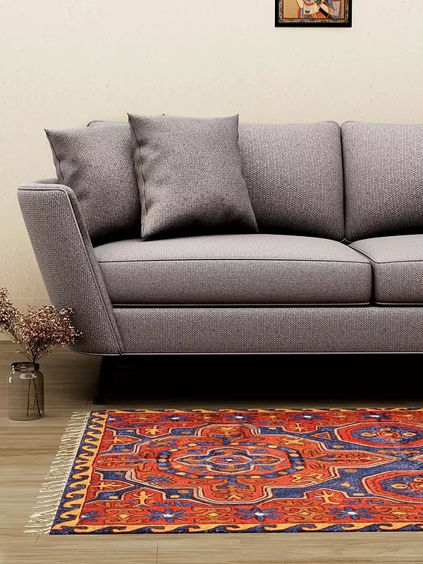 Red and Blue Prayer Rug with Embroidered Mughal Motifs