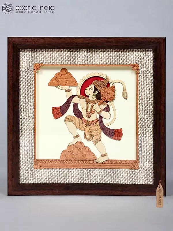 Lord Hanuman Carrying Mountain of Sanjeevani Herbs | Wood Carved Frame | Wall Hanging