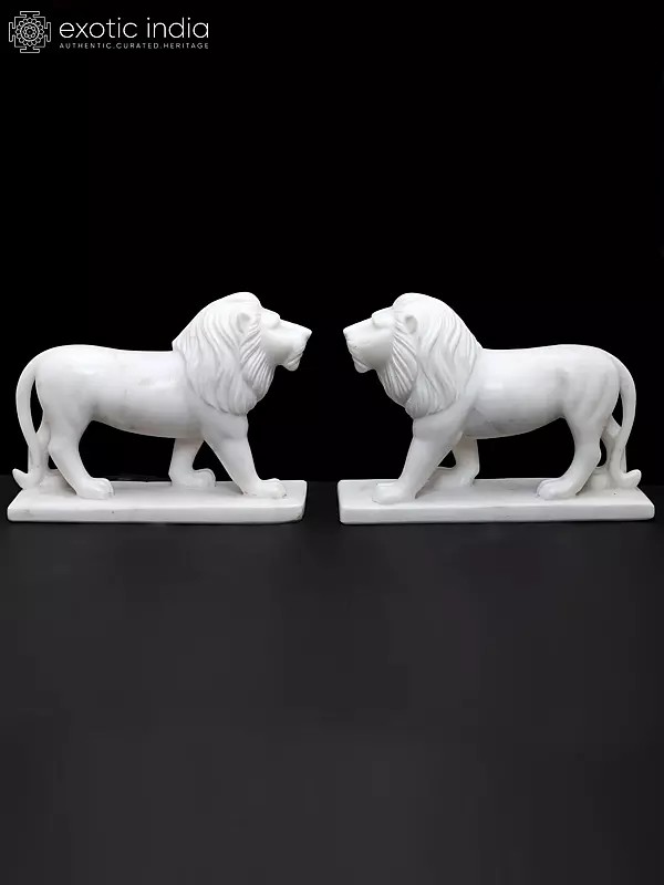 12" Handcrafted White Marble Lion Pair | Handmade Royal Guardian Statues for Home