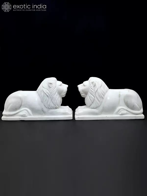 15" Hand-Carved White Marble Lion Pair | Royal Guardian Sculptures