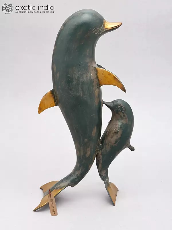 12" Mother Dolphin with Baby Brass Statue