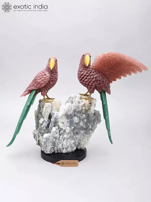 15" Rose Quartz Parrots Sculpture with Crystal Quartz Base