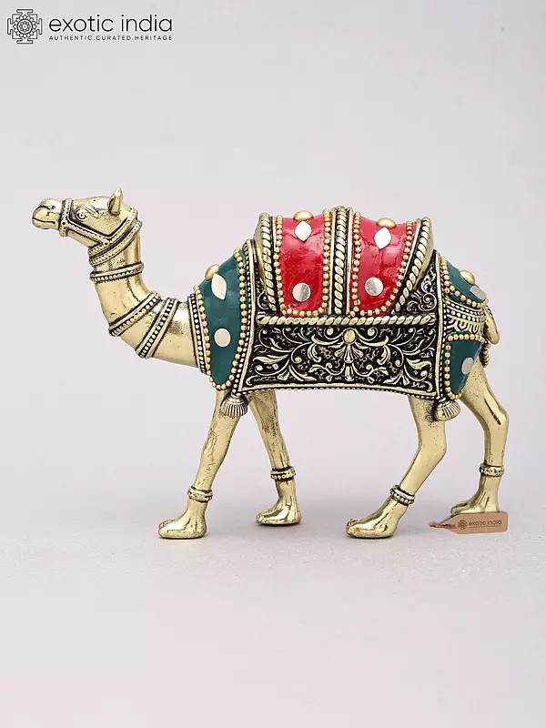 5" Superfine Brass Camel Figurine with Inlay Work