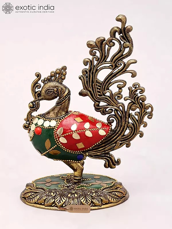 5" Small Brass Peacock Figurine with Inlay Work