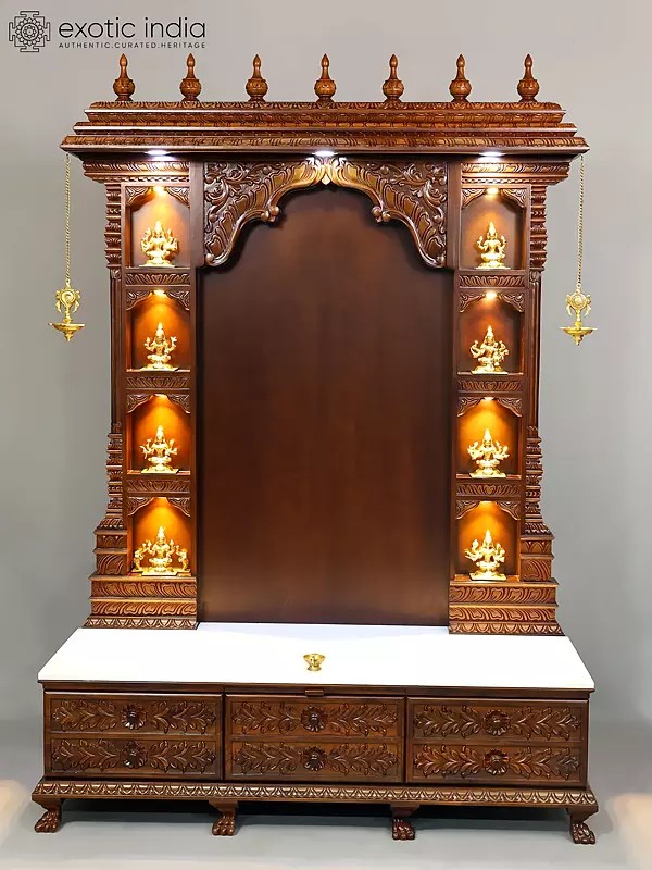 Large Wooden Puja Mandir with Eight Brass Ashtalakshmi Deities