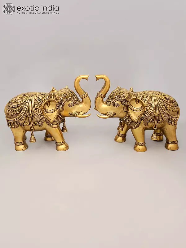 Pair of Decorated Elephants with Bells and Upraised Trunks (Auspicious According to Vastu)