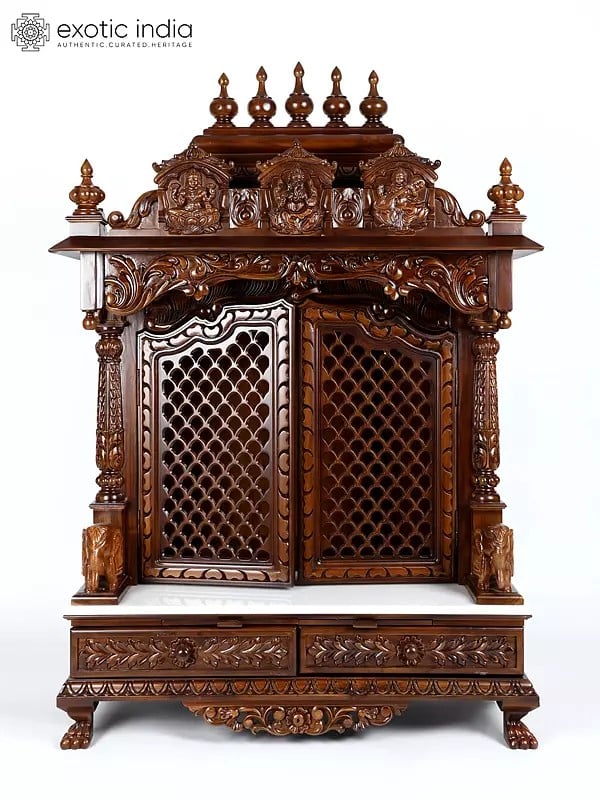 54" Large Lakshmi Ganesha Saraswati Temple with Double Doors | Wood and Marble