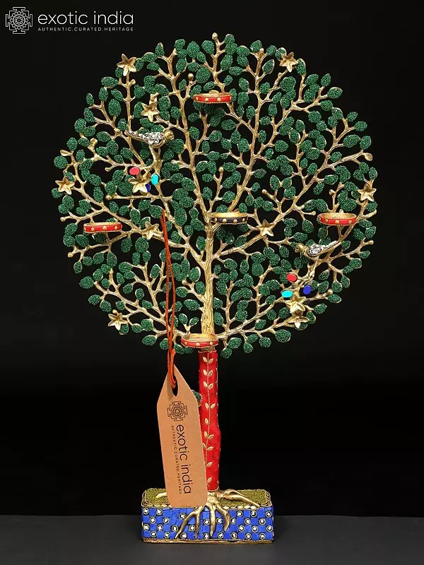 24" Tree of Life with Candle Holders | Brass with Inlay Work | Home Decor