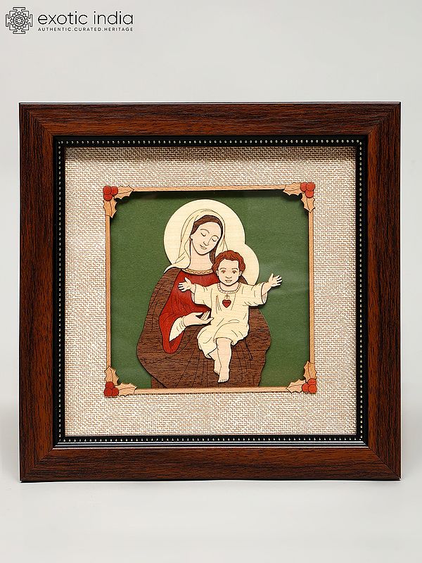 8" Mother Mary with Jesus Christ | Wood Carved Frame | Wall Hanging