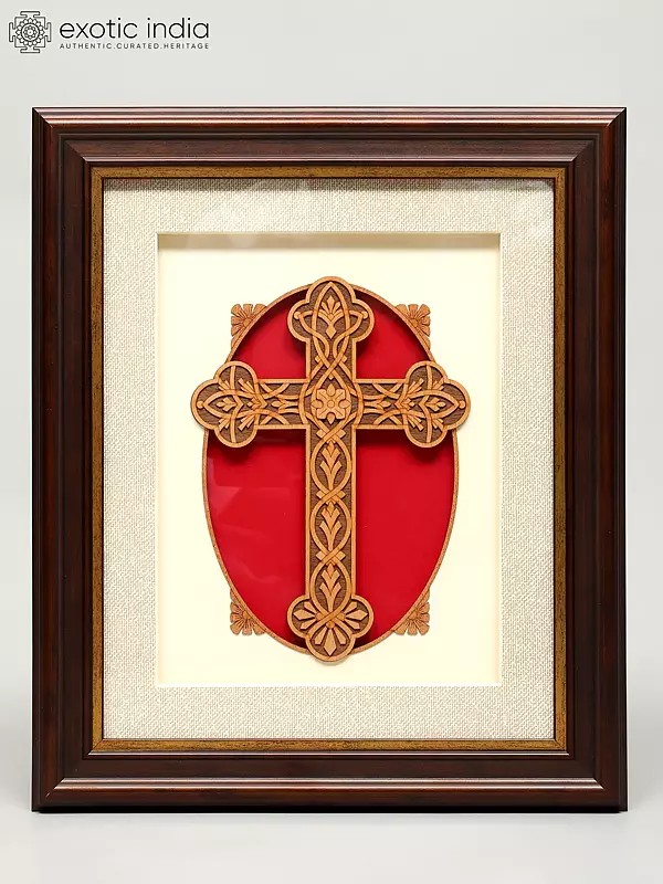 13" Christian Cross | Wood Carved Frame | Wall Hanging
