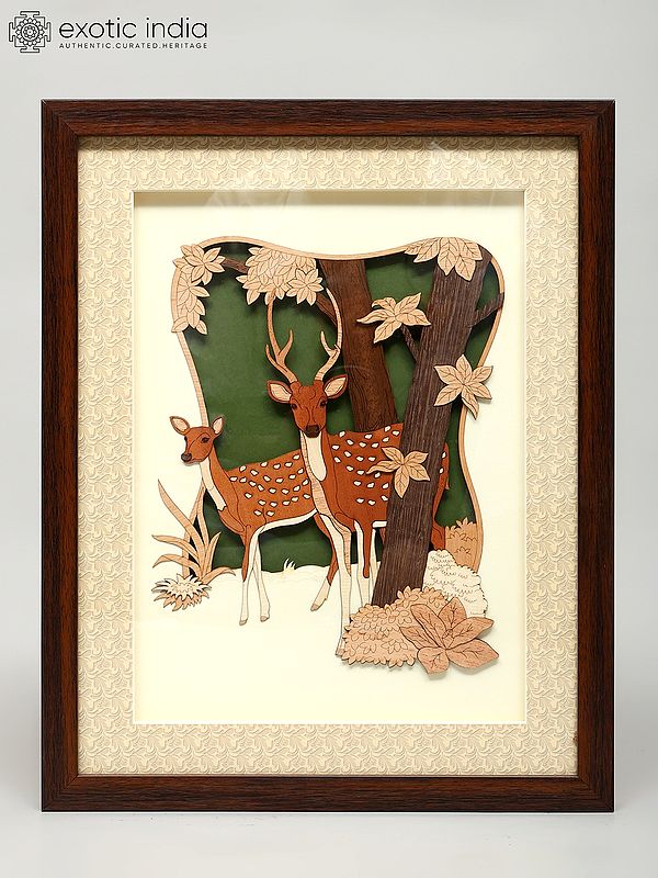 15" Mother with Baby Deer | Wood Carved Frame | Wall Hanging