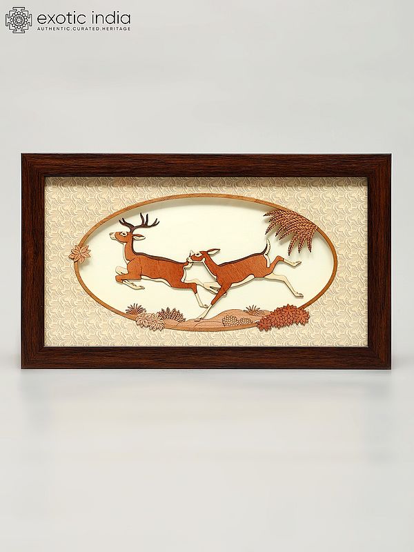 12" Running Deers | Wood Carved Frame | Wall Hanging