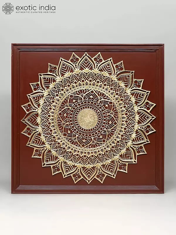 45" Large Wood Framed Mandala Art in Brass | Wall Hanging