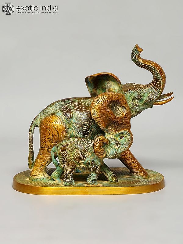12" Mother with Baby Elephant | Decorative Brass Statue | Home Decor