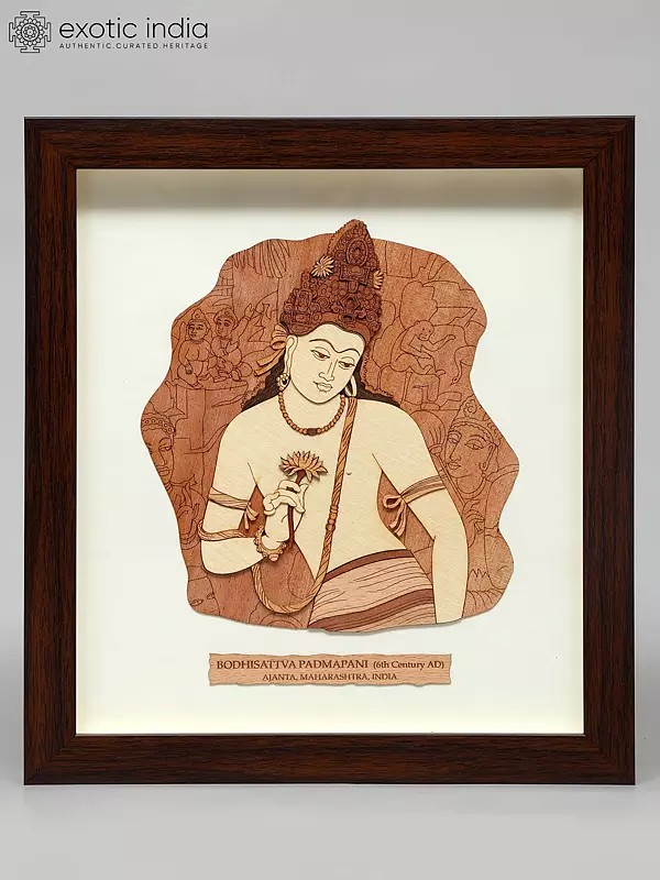 10" Bodhisattva Padmapani, Ajanta Caves | Wood Carved Frame | Wall Hanging
